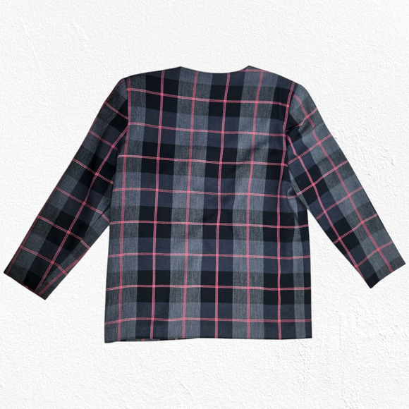 1990s Vintage Charcoal Gray Pink Plaid Boxy Power Suit Blazer Jacket Size 10P - Picture 7 of 7